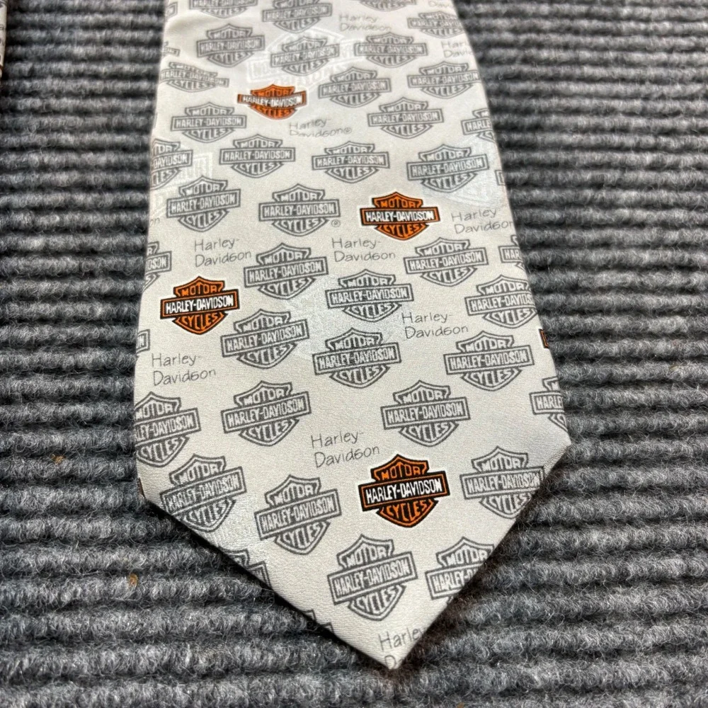 Harley Davidson Silk Tie Mens Grey Orange Bar & Shield Logo Ralph Marlin 2005